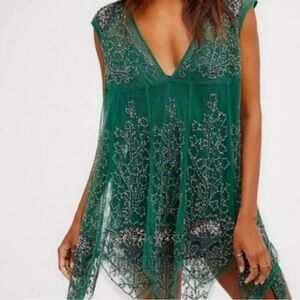 Free People Green Beaded Deep Sleep Slip Dress | Size Large